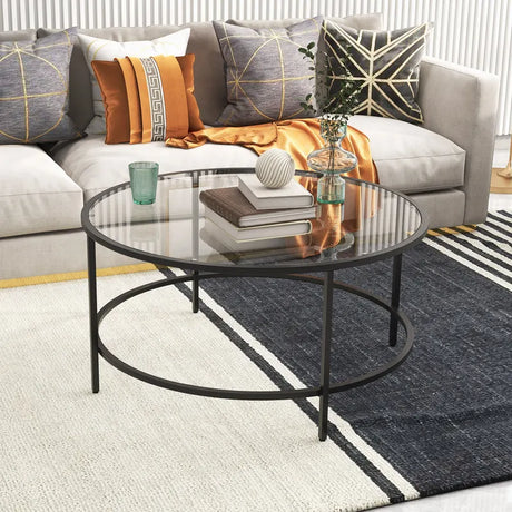 35.5 Inch Round Coffee Table with Tempered Glass Tabletop-Black