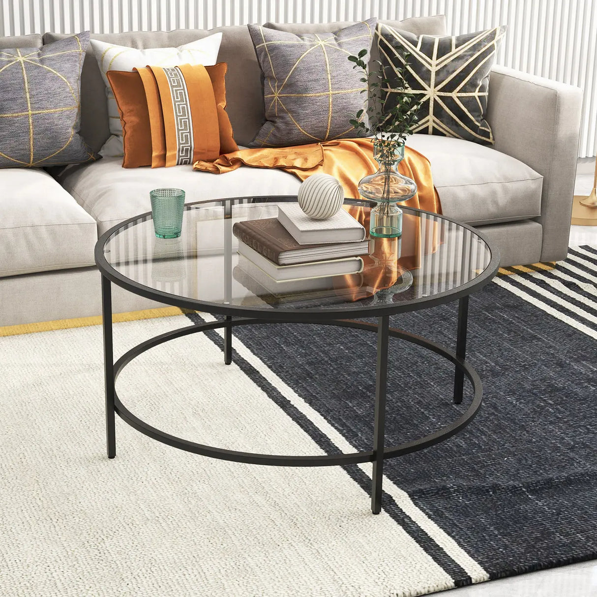 35.5 Inch Round Coffee Table with Tempered Glass Tabletop-Black