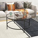 35.5 Inch Round Coffee Table with Tempered Glass Tabletop-Black