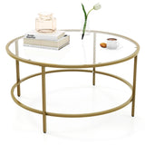 35.5 Inch Round Coffee Table with Tempered Glass Tabletop-Golden
