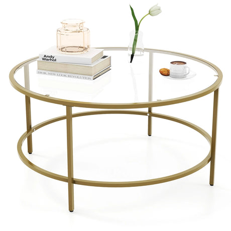 35.5 Inch Round Coffee Table with Tempered Glass Tabletop-Golden