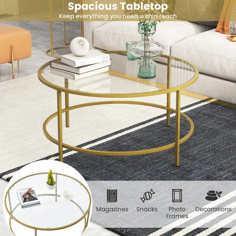 35.5 Inch Round Coffee Table with Tempered Glass Tabletop-Golden