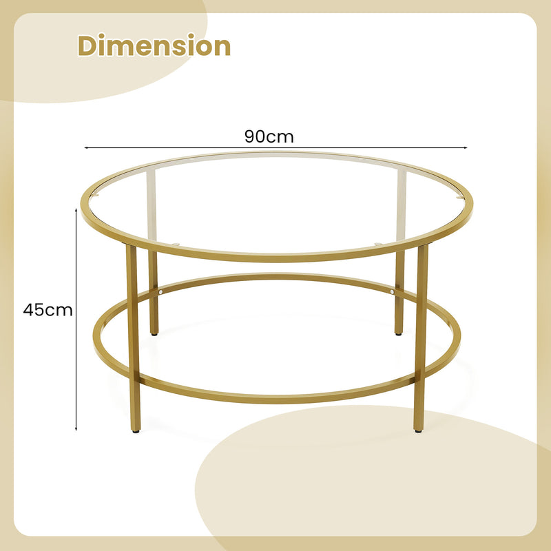 35.5 Inch Round Coffee Table with Tempered Glass Tabletop-Golden