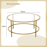 35.5 Inch Round Coffee Table with Tempered Glass Tabletop-Golden