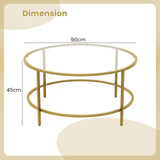 35.5 Inch Round Coffee Table with Tempered Glass Tabletop-Golden