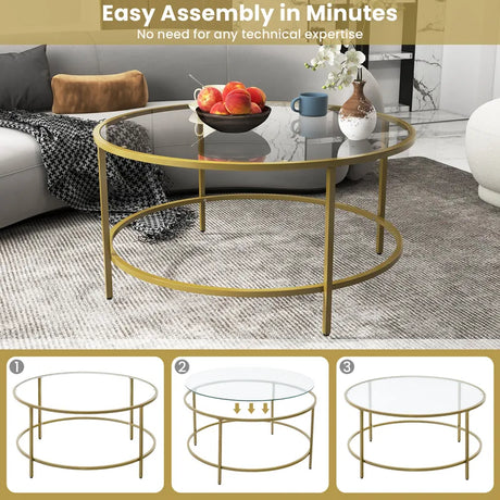 35.5 Inch Round Coffee Table with Tempered Glass Tabletop-Golden