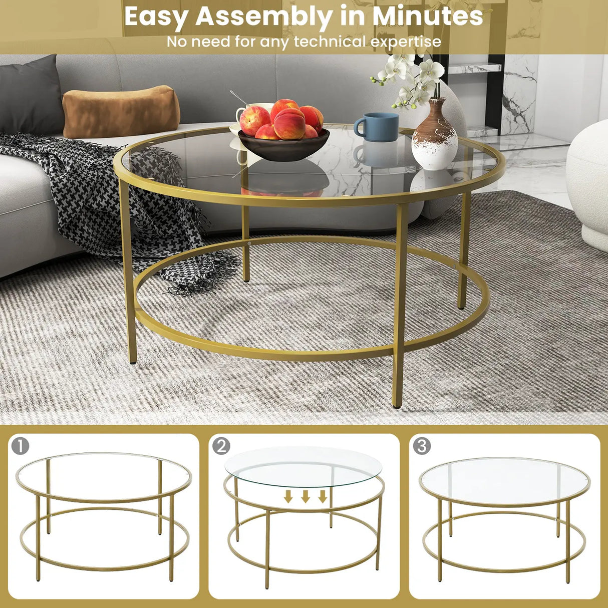 35.5 Inch Round Coffee Table with Tempered Glass Tabletop-Golden