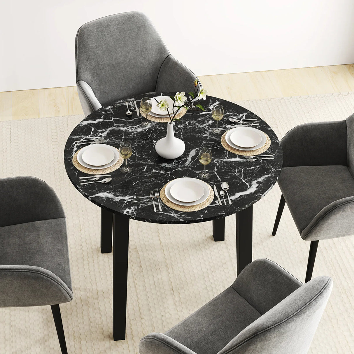 35 Inch Round Dining Table with Rubber Wood Legs and Marble-textured Veneer Tabletop-Black