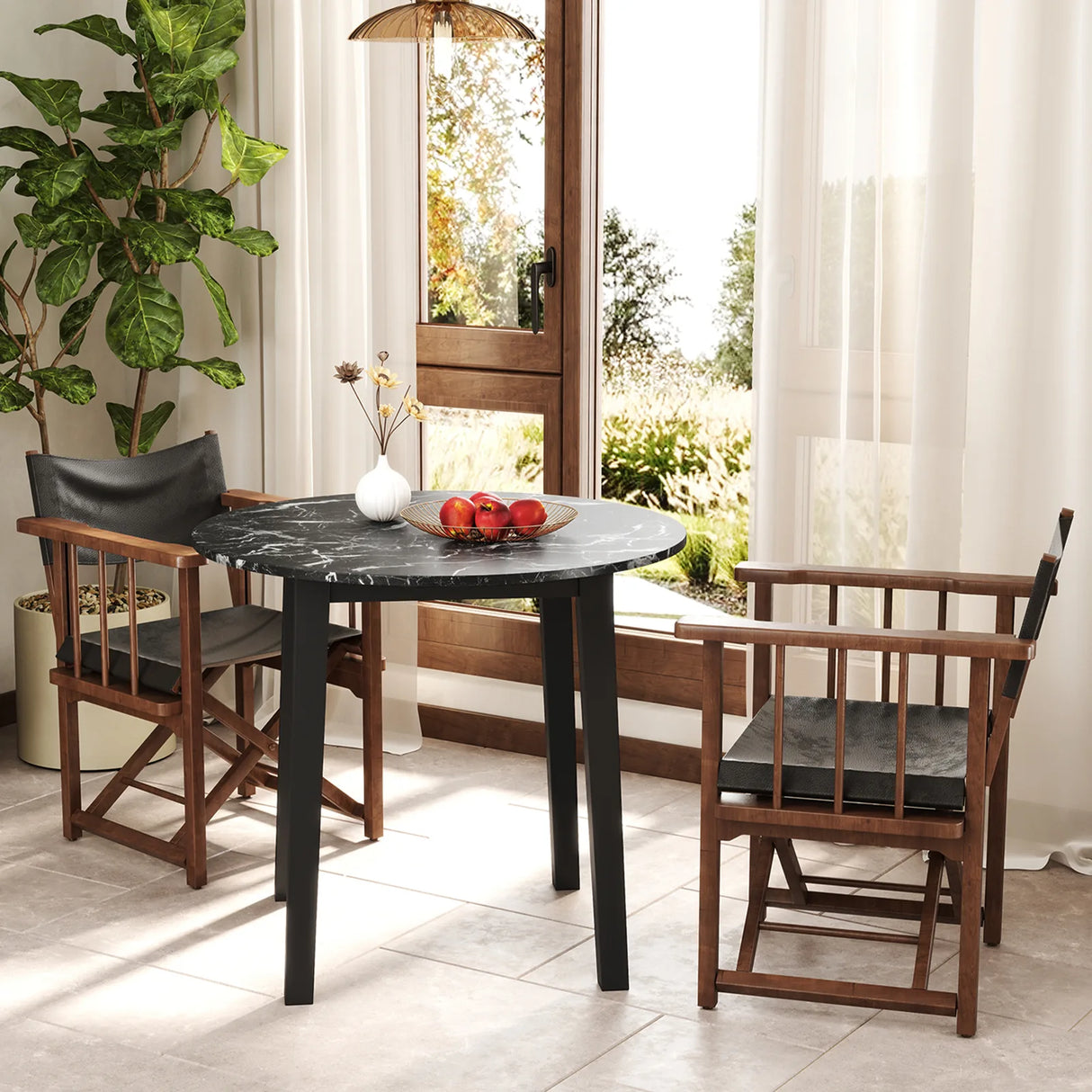 35 Inch Round Dining Table with Rubber Wood Legs and Marble-textured Veneer Tabletop-Black