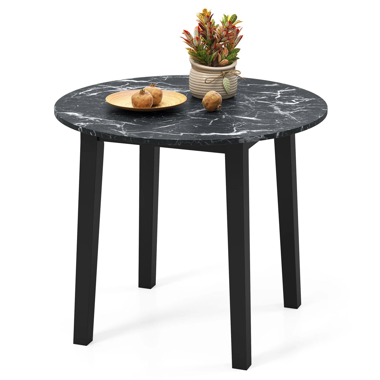 35 Inch Round Dining Table with Rubber Wood Legs and Marble-textured Veneer Tabletop-Black