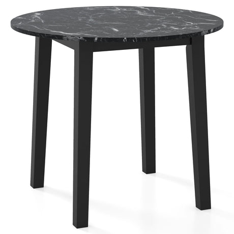 35 Inch Round Dining Table with Rubber Wood Legs and Marble-textured Veneer Tabletop-Black