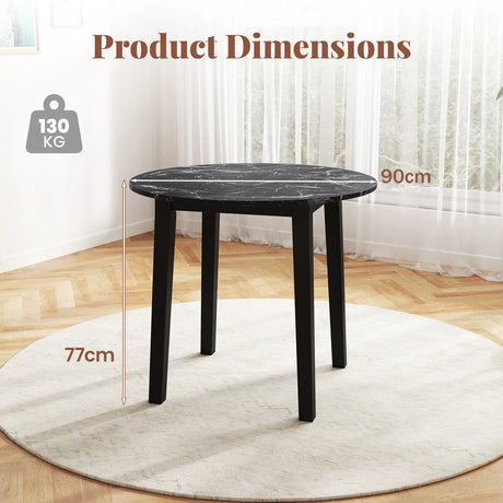 35 Inch Round Dining Table with Rubber Wood Legs and Marble-textured Veneer Tabletop-Black