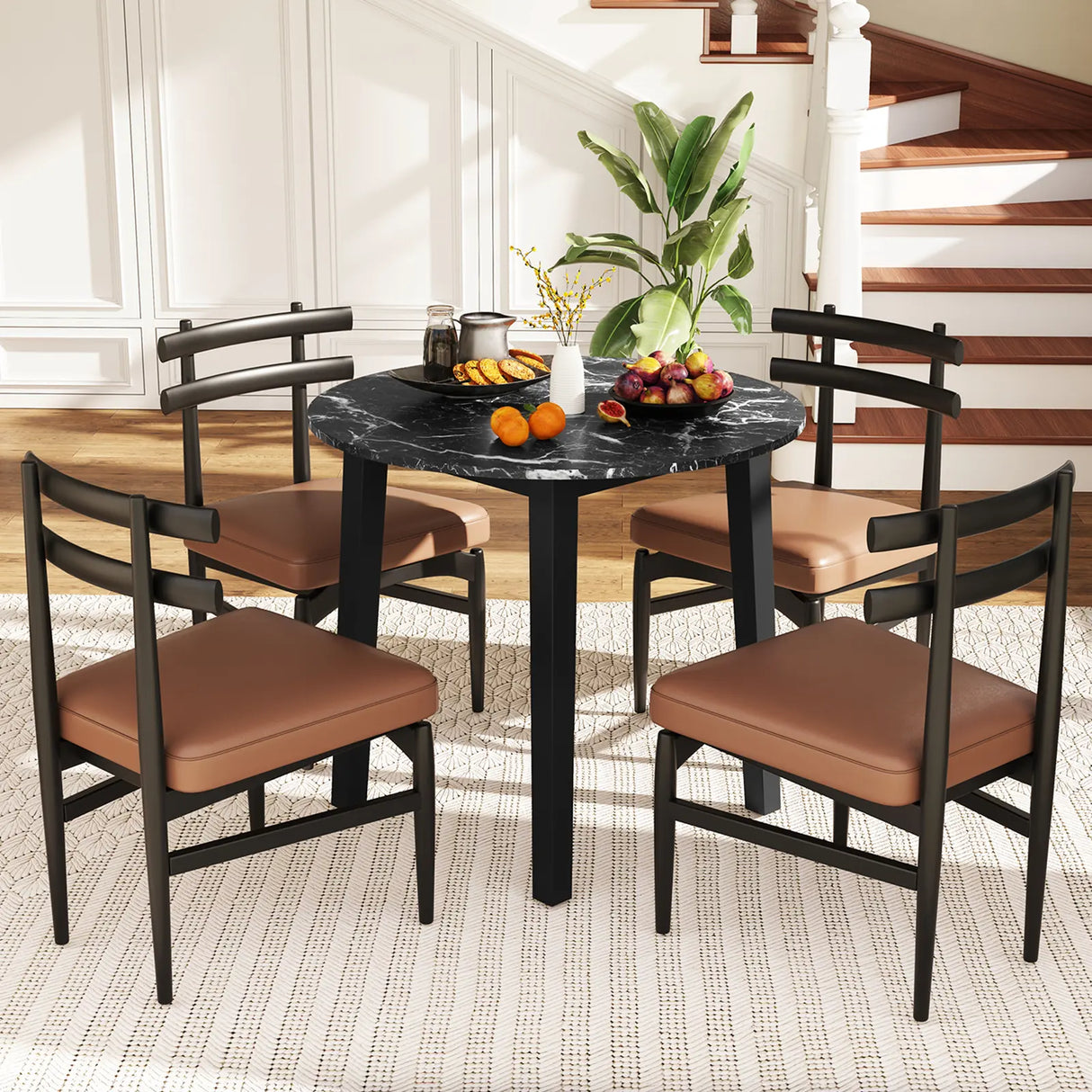 35 Inch Round Dining Table with Rubber Wood Legs and Marble-textured Veneer Tabletop-Black