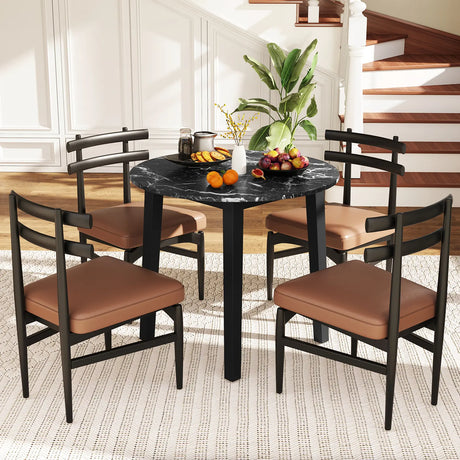 35 Inch Round Dining Table with Rubber Wood Legs and Marble-textured Veneer Tabletop-Black