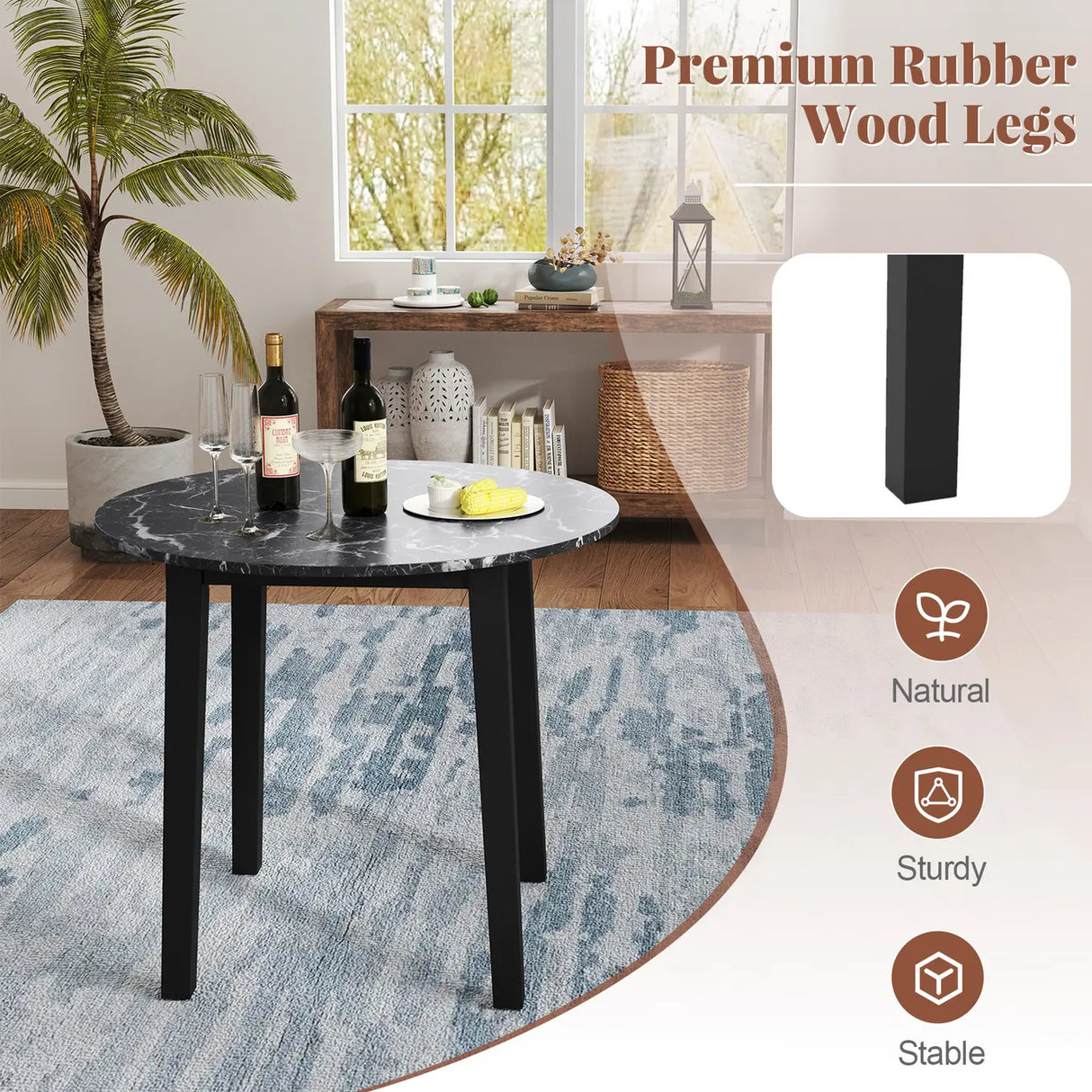 35 Inch Round Dining Table with Rubber Wood Legs and Marble-textured Veneer Tabletop-Black