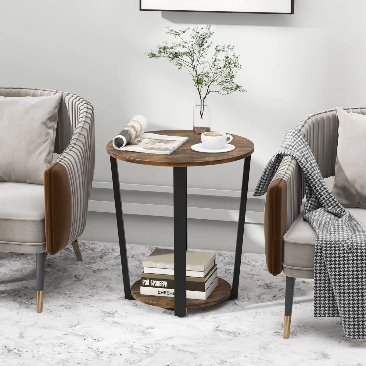 2-Tier Accent Side Table with Open Shelf-Rustic Brown