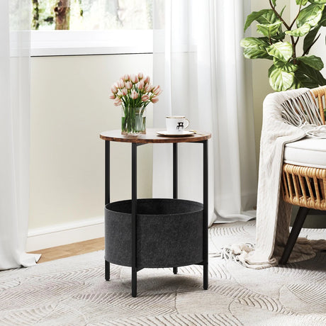 2-Tier Sofa Side Round End Table with Fabric Storage Basket-Rustic Brown