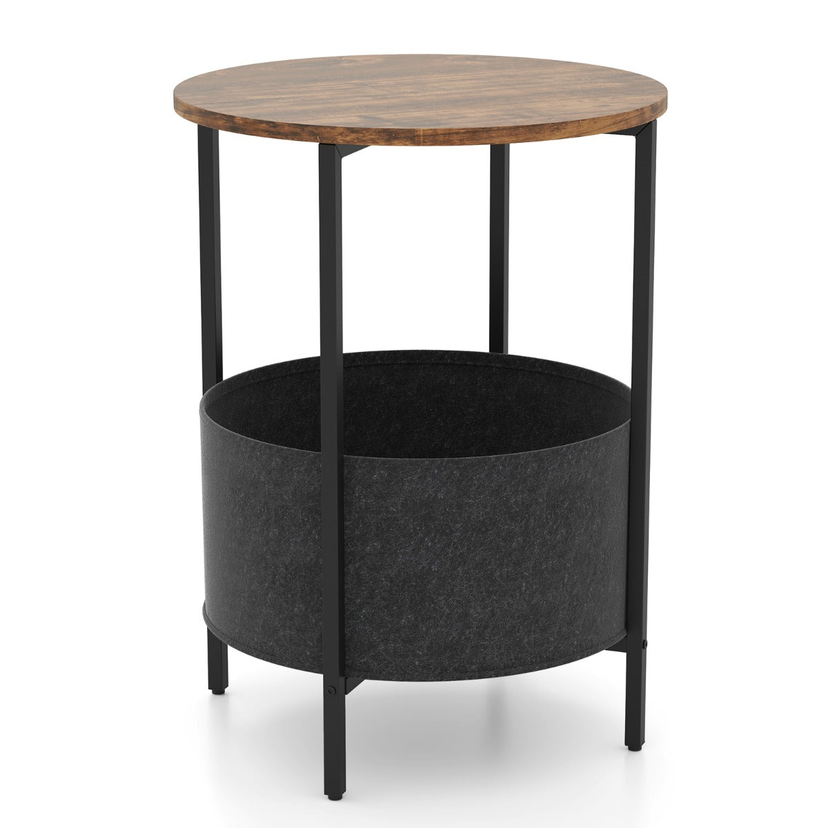 2-Tier Sofa Side Round End Table with Fabric Storage Basket-Rustic Brown