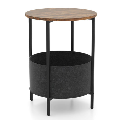 2-Tier Sofa Side Round End Table with Fabric Storage Basket-Rustic Brown