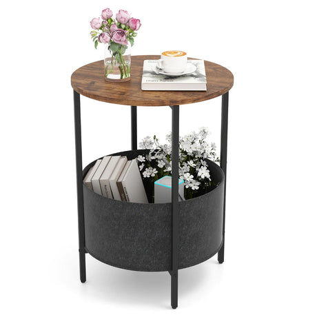 2-Tier Sofa Side Round End Table with Fabric Storage Basket-Rustic Brown