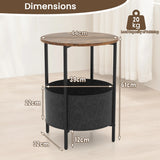 2-Tier Sofa Side Round End Table with Fabric Storage Basket-Rustic Brown