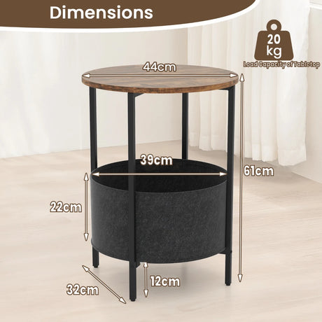 2-Tier Sofa Side Round End Table with Fabric Storage Basket-Rustic Brown