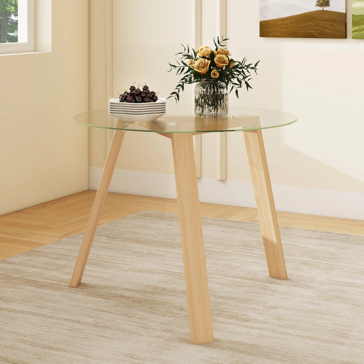 36 Inches Round Glass Dining Table for 4 with Rubber Wood Frame-Natural