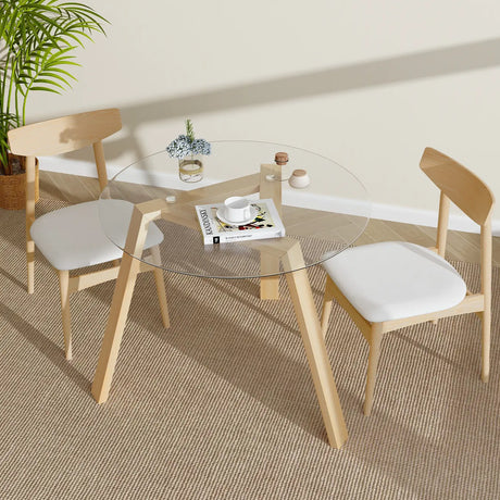 36 Inches Round Glass Dining Table for 4 with Rubber Wood Frame-Natural