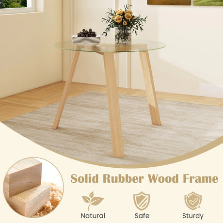 36 Inches Round Glass Dining Table for 4 with Rubber Wood Frame-Natural