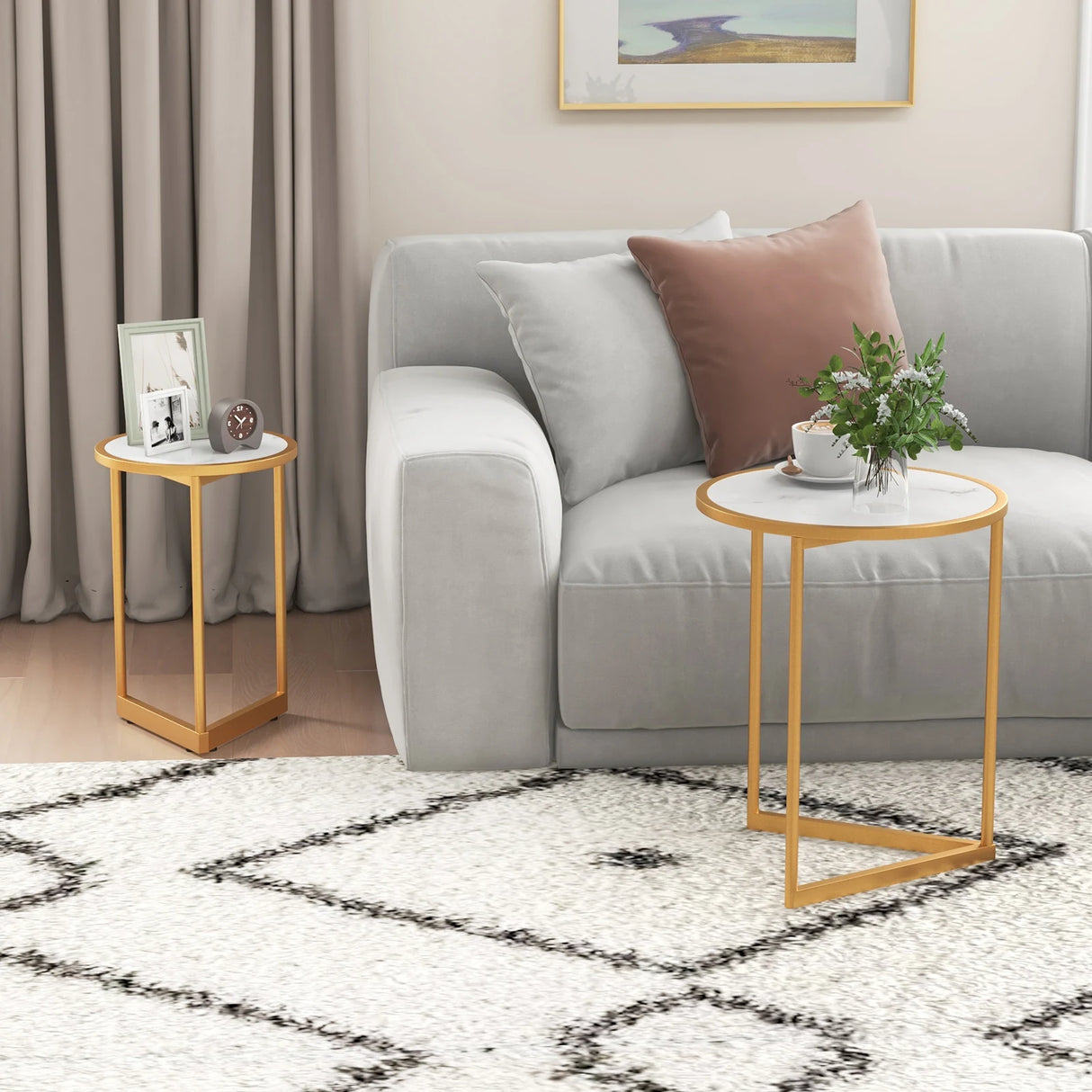 Round Nesting Side Table Set of 2 Stacking Coffee Tables with Faux Marble Tabletop-White