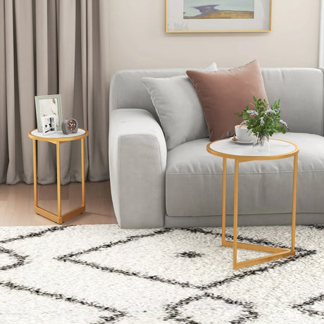 Round Nesting Side Table Set of 2 Stacking Coffee Tables with Faux Marble Tabletop-White