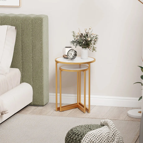Round Nesting Side Table Set of 2 Stacking Coffee Tables with Faux Marble Tabletop-White