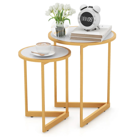 Round Nesting Side Table Set of 2 Stacking Coffee Tables with Faux Marble Tabletop-White