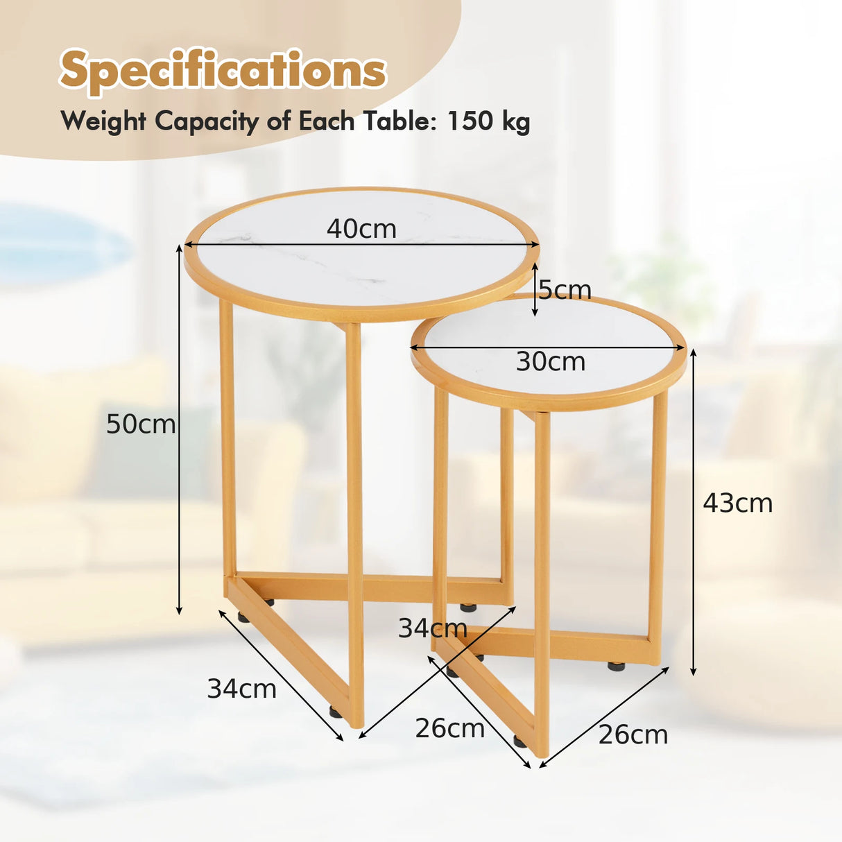 Round Nesting Side Table Set of 2 Stacking Coffee Tables with Faux Marble Tabletop-White