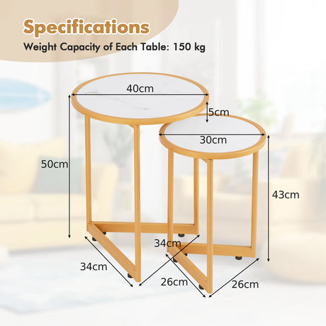 Round Nesting Side Table Set of 2 Stacking Coffee Tables with Faux Marble Tabletop-White