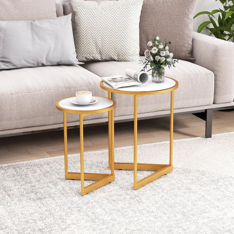 Round Nesting Side Table Set of 2 Stacking Coffee Tables with Faux Marble Tabletop-White
