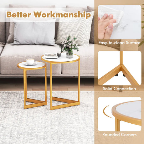 Round Nesting Side Table Set of 2 Stacking Coffee Tables with Faux Marble Tabletop-White