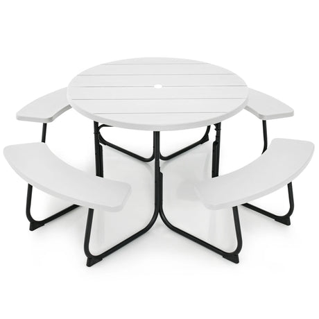 8-person 43" Outdoor Round Picnic Table Set with Umbrella Hole-White