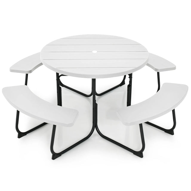 8-person 43" Outdoor Round Picnic Table Set with Umbrella Hole-White