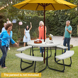 8-person 43" Outdoor Round Picnic Table Set with Umbrella Hole-White