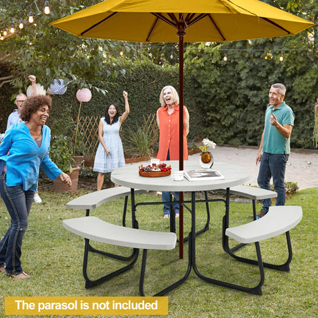8-person 43" Outdoor Round Picnic Table Set with Umbrella Hole-White