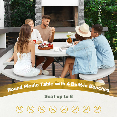 8-person 43" Outdoor Round Picnic Table Set with Umbrella Hole-White