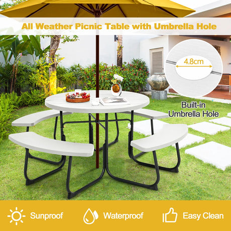 8-person 43" Outdoor Round Picnic Table Set with Umbrella Hole-White