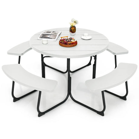 8-person 43" Outdoor Round Picnic Table Set with Umbrella Hole-White
