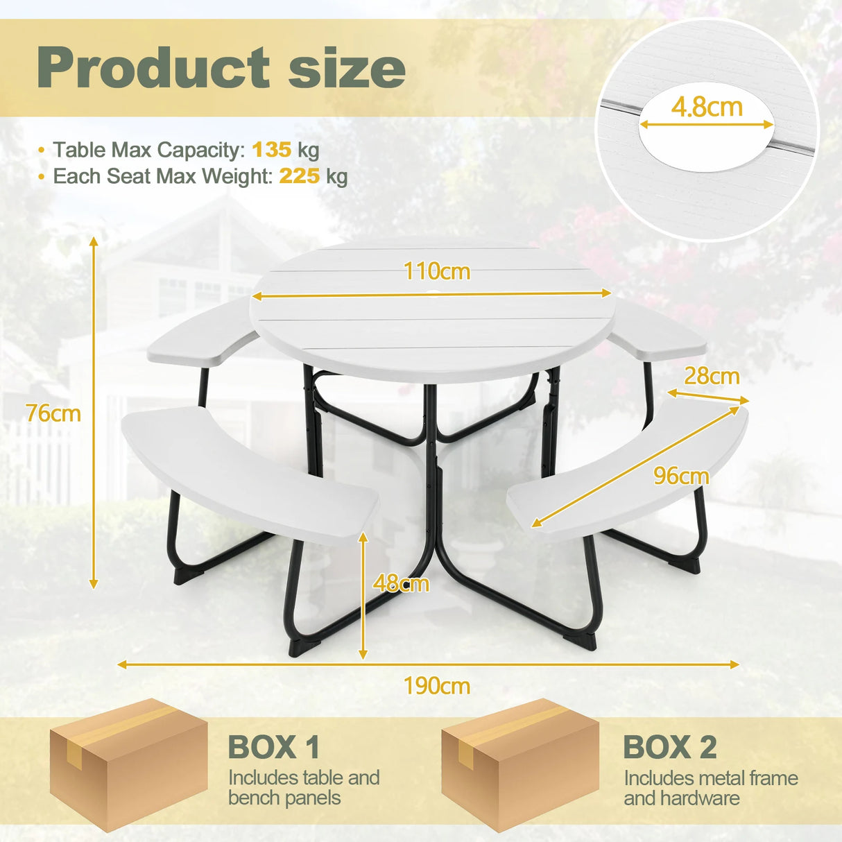 8-person 43" Outdoor Round Picnic Table Set with Umbrella Hole-White