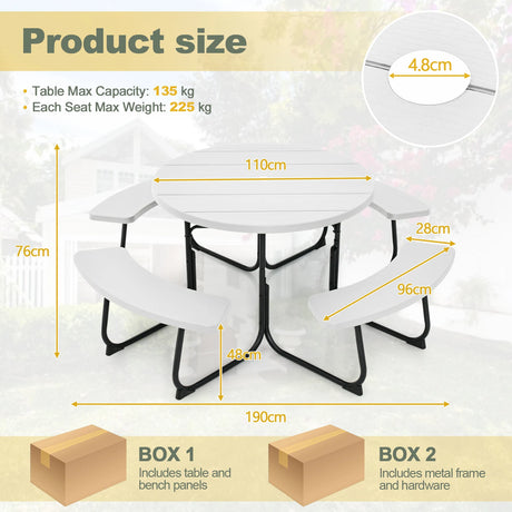 8-person 43" Outdoor Round Picnic Table Set with Umbrella Hole-White