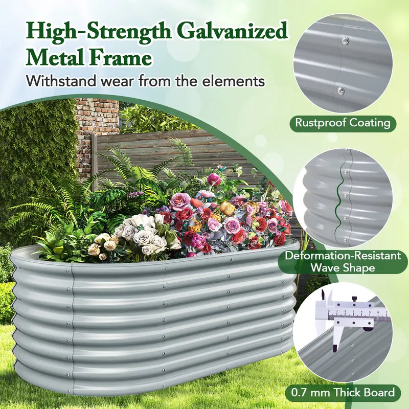 5 x 3 x 2 Feet Metal Oval Raised Garden Bed with Open Bottom Design-Gray