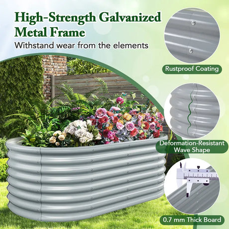 5 x 3 x 2 Feet Metal Oval Raised Garden Bed with Open Bottom Design-Gray