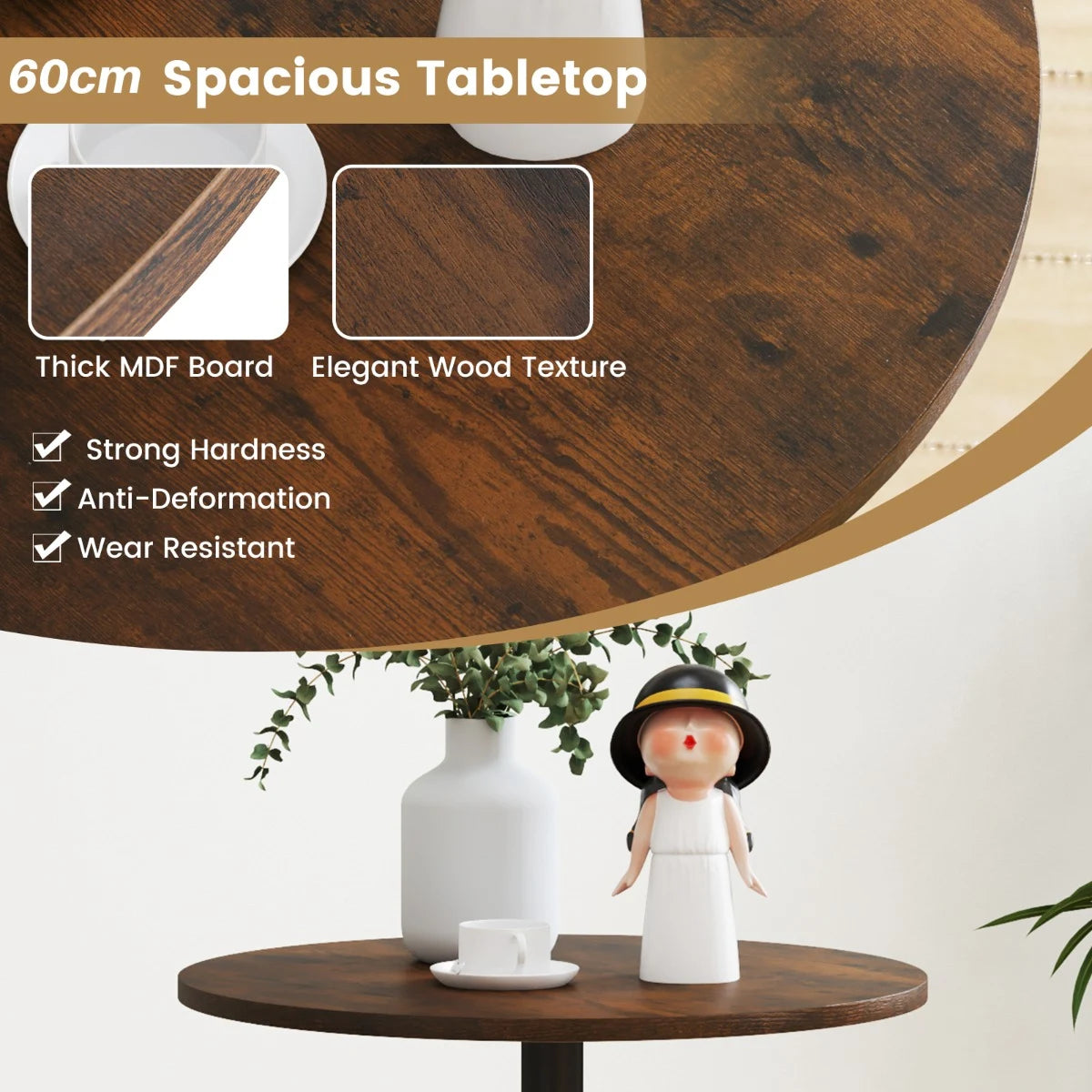 Round Top Pub and Bar Table with MDF Top and Base-2 Pieces-Rustic Brown