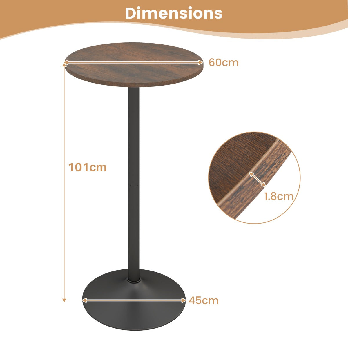 Round Top Pub and Bar Table with MDF Top and Base-2 Pieces-Rustic Brown